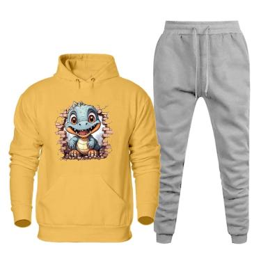Imagem de Conjunto Plus Size Moletom Masculino Numeraçao Especial Estampa Dinossauro Blusa Canguru e Calça