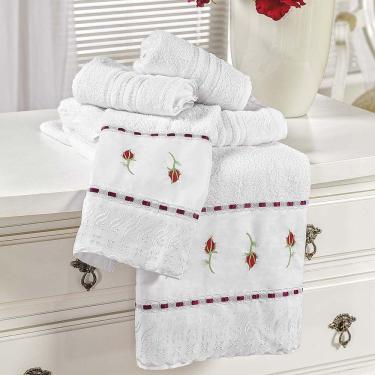 Imagem de Jogo De Banho Toalhas Yasmin 5 Peças 100% Algodão 320g-m² Suave Floral - Branco