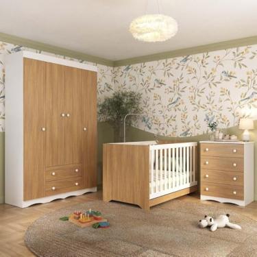 Imagem de Quarto de Bebê Completo com Berço Americano 3 em 1 Realeza Multimóveis Mp4587 Branco/madeirado