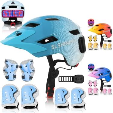 Imagem de Loyala Capacete De Bicicleta Infantil Para Meninos E Meninas Jovens Com Luzes Led, Conjunto Equipamentos Proteção Capacetes Bicicleta, Joelheiras, Cotoveleiras, Protetores Pulso, Ciclismo, Skate, Sc