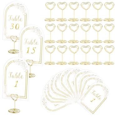 Imagem de 30 conjuntos de números de mesa de casamento, números de mesa dourados 1-30 com 30 peças de suportes de números de mesa de coração, placa de assento de 10 x 15 cm para recepção de casamento