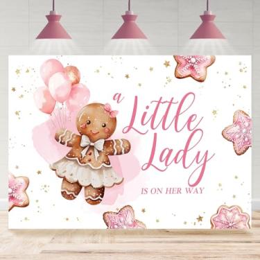 Imagem de Rsuuinu Pano de fundo de chá de bebê de gengibre para meninas A Little Lady is On The Way com balão rosa para fotografia de Natal, decoração de festa de chá de bebê, faixa de mesa de bolo, adereços de