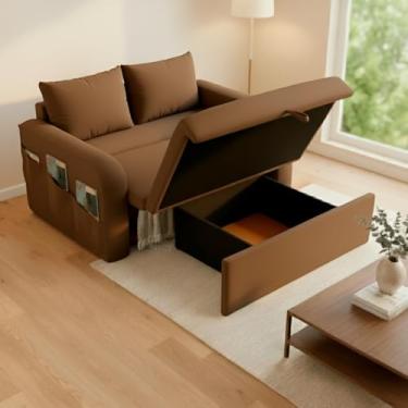 Imagem de Sofá-Cama Retrátil Lady Day 140cm com Baú e Almofadas em Veludo Cappuccino Sofisticado