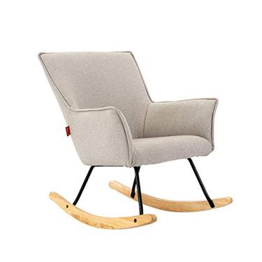 Imagem de Cadeira de balanço com apoios de braços e encosto almofada esponja 105° balanço base de madeira de borracha cadeira reclinável relaxante para sala de estar, pátio e terraço