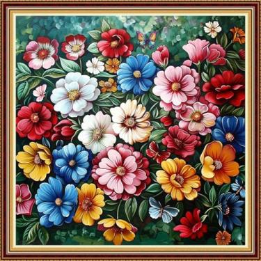 Imagem de DMCVIVR Kits de ponto cruz estampado para adultos iniciantes kits de bordado 11CT kits de ponto cruz padrões de bordado - flor colorida borboleta flor rua ferro torre 45,7 x 45,7 cm