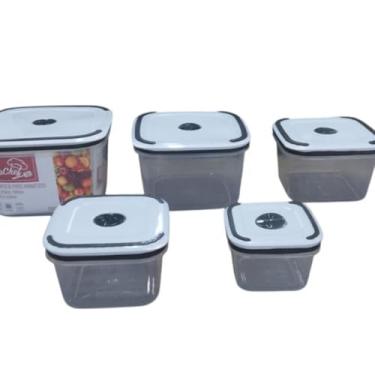 Imagem de Conjunto de 5 Potes Herméticos Quadrados, Plástico Transparente com Tampa Branca, Capacidades 320ml a 2300ml, Empilháveis, para Armazenamento de Alimentos, Livre de BPA