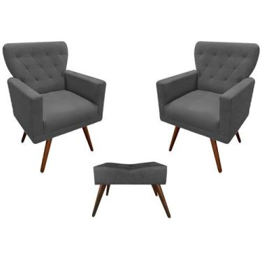 Imagem de Kit 2 Poltronas Decorativa Aurora + 1 Puff Retangular Suede Cinza Pés 