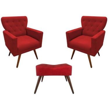 Imagem de Kit 2 Poltronas Decorativa Aurora + 1 Puff Retangular Suede Vermelho P
