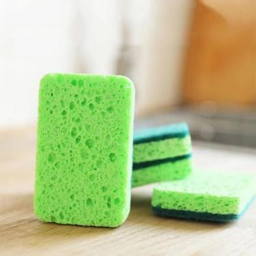 Imagem de 1 esponja de cozinha, esponja de limpeza de camada dupla, reutilizável, adequada para lavar louça de cozinha, limpeza, banheiro, carro, etc. (verde)