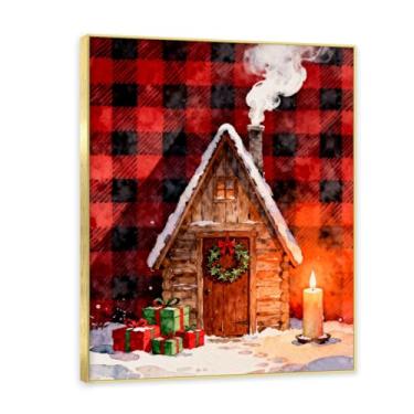 Imagem de NHLDZYH Moldura dourada. Quadro de Natal vintage - estilo americano rústico com fundo de quadros vermelho e preto - decoração aconchegante e tradicional - tela para sala de estar. A75. 60x80cm