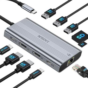 Imagem de XAOSUN Estação de ancoragem USB C, hub USB 10 em 1 com monitor duplo 4K a 60 Hz, carregamento rápido PD de 100 W, portas de dados USB-C e A de 10 Gbps, USB 2.0 de 480 Mbps, Gigabit Ethernet, SD/TF