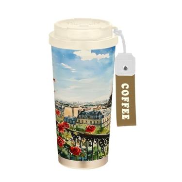 Imagem de SEHANY Caneca de viagem Torre de Paris em aquarela de 500 ml Copos de café reutilizáveis revestidos de cerâmica com tampa à prova de vazamento, parede dupla, isolamento a vácuo, copo de café de aço