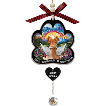 Imagem de CoCray66 Chihuahua Dog Memorial Suncatcher com cristal pendurado - 2 camadas de madeira e acrílico em forma de pata arco-íris ponte anjo cão com caneta para adicionar o nome do animal de estimação