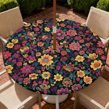 Imagem de COTAIL Toalha de mesa redonda para uso ao ar livre com zíper e orifício para guarda-chuva, toalha de mesa elástica à prova d'água a óleo, para pátio, piquenique, acampamento, jardim, serve para mesa