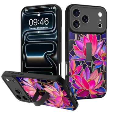 Imagem de Fiyart Capa projetada para iPhone 17 Pro Max, linda estética roxa flor de lótus, estampa floral, alça de dedo integrada para mulheres e meninas, TPU rígido PC à prova de choque 3D Gilding Bumper 17.5