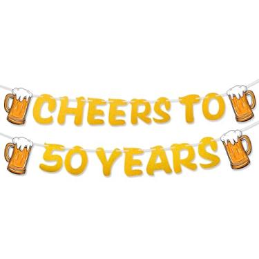 Imagem de Faixa Cheers to 50 Years com canecas de cerveja – Decorações de aniversário de 50 anos pré-amarradas com glitter dourado, suprimentos de festa de aniversário de casamento, decoração temática de Cheers