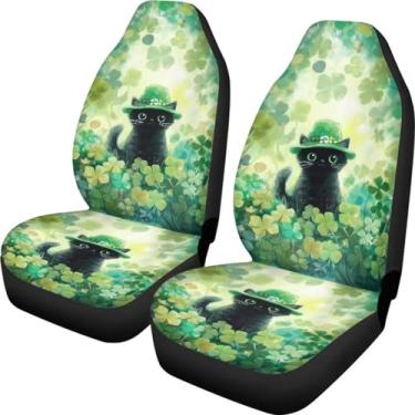 Imagem de Talayituse Capas de assento de carro com estampa de trevo de gato com chapéu, conjunto completo de 2 capas protetoras de veículos para assentos dianteiros, elásticas, laváveis, acessórios de carro