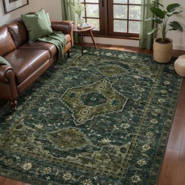 Imagem de Tangsoo Tapete lavável, tapete de área de 10 x 15 cm, tapete oriental interno para sala de estar, antiderrapante, lavável na máquina, tapetes grandes, estampa macia, envelhecido, verde-oliva para