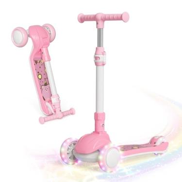 Imagem de Patinete infantil com rodas iluminadas por LED e 3 alturas ajustáveis, plataforma antiderrapante inclinada para dirigir e larga, scooter de 3 rodas para meninos e meninas de até 50 kg