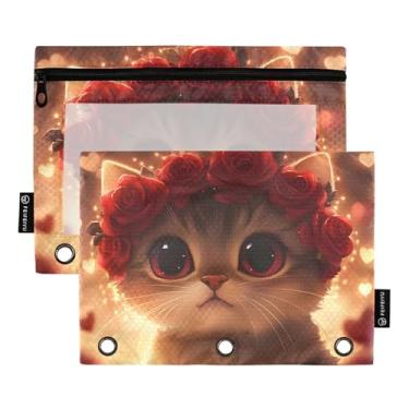 Imagem de GAIGEO Lindo gato flores coroa engraçado 3 anéis fichário bolsa lápis zíper fichário sacos rosa pastas escolares bolsos transparentes mulheres 25 cm x 18 cm, 2 pacotes