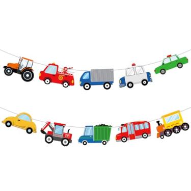 Imagem de Hooqict Faixa de Feliz Aniversário, Transporte, Decorações de Aniversário, Carro, Trem, Caminhão, Ônibus, Escavadeira, Tráfego, Banner, Guirlanda para Crianças Meninos 1º 2º 3º Tema de Veículo de