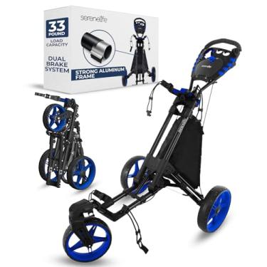 Imagem de SereneLife Carrinho de golfe de 3 rodas com moldura de alumínio, capacidade de 15 kg, design compacto, cartão de pontuação de luxo e suporte de copo com alça ajustável, sistema de freio rápido