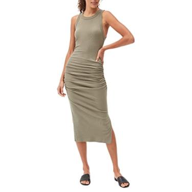 Imagem de Michael Stars Vestido midi feminino casual canelado largo com ombros recortados e fenda, Oliva, P