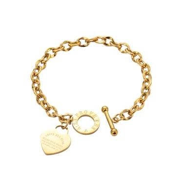 Imagem de yipima Pulseira feminina com pingente de coração de aço inoxidável em tom de ouro/prata/ouro rosa 14K, versículo da Bíblia, gravado, OT, One Size, Metal, Sem Pedra Preciosa