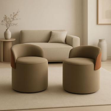 Imagem de Kit 2 Puff Curvo Com Encosto Redondo Orgânico Sala Confortável Resistente Composé Suede Corino Suede Capuccino