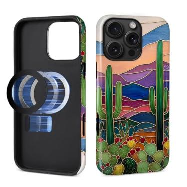 Imagem de Zhhoya Capa para iPhone 16 Pro Max, estampa de cacto de vitral, brilhante, compatível com Magsafe, capa rígida híbrida de 2 camadas, proteção para meninas, mulheres, meninos e homens