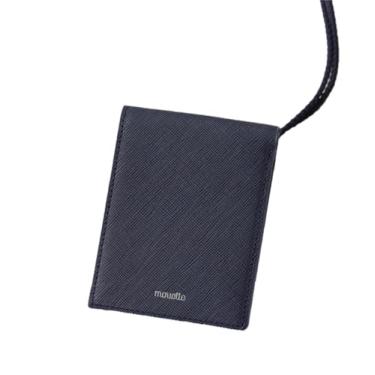 Imagem de stwees Carteira fina de couro, porta-cartões dobrável com botão de pressão, conjunto de carteira de pescoço com crachá de identificação, Azul marino, Bolso para cartão