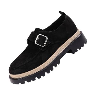 Imagem de Tênis feminino versátil legal e grosso com fivela de cinto de cabeça redonda casual cor sólida plus size estilo britânico pequeno sapatos de couro, Preto, 37 BR