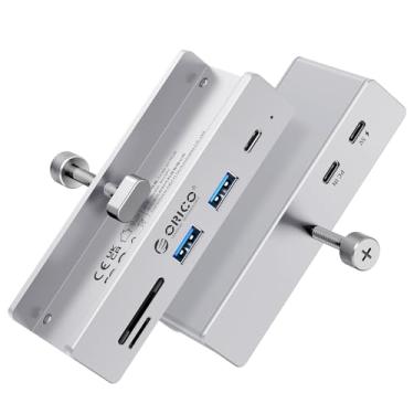Imagem de ORICO Hub USB 3.2, hub USB de grampo com porta de fonte de alimentação extra, adaptador USB de 5 portas de alumínio de 10 Gbps com 2 portas de dados USB-A 3.2, leitor de cartão SD/TF 3.0, divisor USB