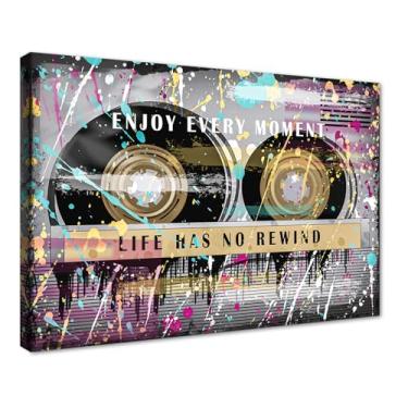 Imagem de Novatique Arte de parede retrô cassete disco de vinil arte de parede Life Has No Rewind arte inspiradora música decoração pôsteres impressão em tela para quarto escritório, 61 x 91 cm