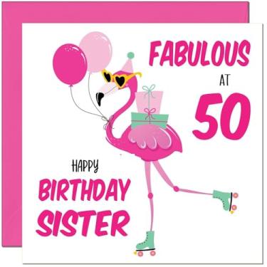 Imagem de Cartão de aniversário 50th Sister - Fabulous Flamingo - Cartão de aniversário de irmãs fofas rosa para 50 anos de idade cinquenta e cinquenta anos
