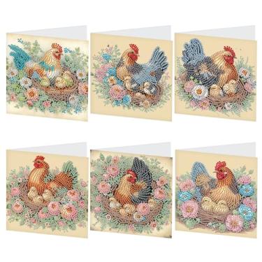 Imagem de Focart Pacote com 6 kits de cartões comemorativos com pintura de diamante para incubação de pintinhos, diamantes de formato especial, artesanato DIY para parentes e amigos com desejos, design