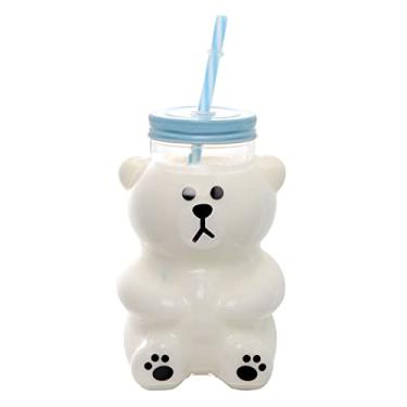 Imagem de Copo de vidro com urso Kawaii 540 ml transparente com tampa e canudo Caneca de garrafa de vidro de urso kawaii fofo para suco, leite, chá, smoothies, água infundida, bebida, grau alimentício, seguro