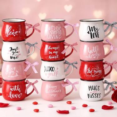 Imagem de Willinglong 12 Canecas de Dia dos Namorados Caneca de Cerâmica de Café de 340 g com Fita Colorida Palavras de Amor Copo de Café Bandeja em Camadas Decoração para Centros de Mesa de Casamento de