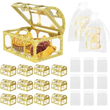 Imagem de Stranthother Pacote com 12 caixas de doces baú do tesouro com 12 sacos de organza branca, suporte de armazenamento de doces de plástico transparente de 7,4 x 5 cm, caixas de presente vazias para