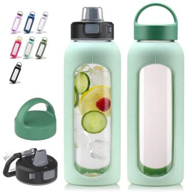 Imagem de Kodrine Garrafa de água de vidro de 940 ml, verde claro/vidro borossilicato, garrafa de água motivacional com canudo e 2 tampas, manga de silicone, marcador de tempo, pode ser lavada na lava-louças e