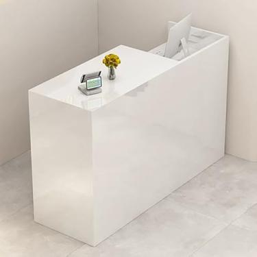 Imagem de Mesa de recepção moderna com gaveta trancável e armário de armazenamento, mesa de balcão branca para loja de roupas, salão, lobby - 90 x 50 x 100 cm