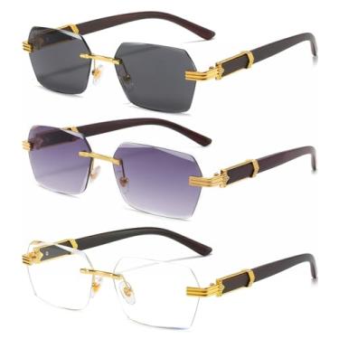 Imagem de AIEYEZO Óculos de sol retrô sem aro retangular, unissex, vintage, sem moldura, modernos, quadrados, matizados, Pacote com 3 (ouro/cinza + ouro/cinza gradiente + ouro/transparente), MM