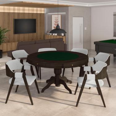 Imagem de Conjunto Mesa de Jogos Carteado Bellagio Tampo Reversível Verde e 6 Cadeiras Madeira Poker Base Estrela Linho Cinza/Capuccino G42 - Gran Belo
