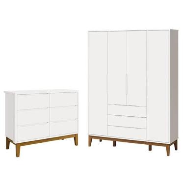Imagem de Cômoda Infantil 6 Gavetas com Guarda Roupa Classic Elfe Branco Acetina