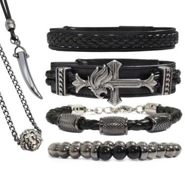 Imagem de Kit C/04 Pulseiras De Couro Masculina Leão All Black Pedras Hematita +