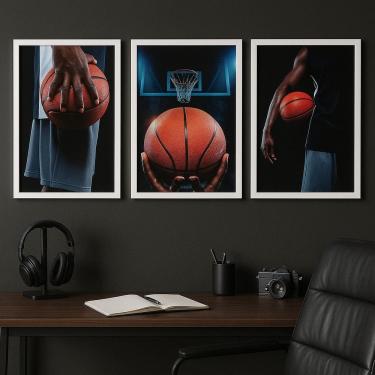 Imagem de Kit 3 Quadros Decorativos Esporte Basquete 33x24cm - com vidro