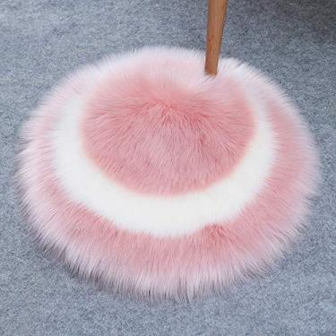 Imagem de Tapetes redondos falsos, tapete macio de pelo longo, padrão circular, antiderrapante, lavável para sala de estar, quarto, escritório, banheiro, varanda, sofá infantil, almofada para pés, rosa e branco