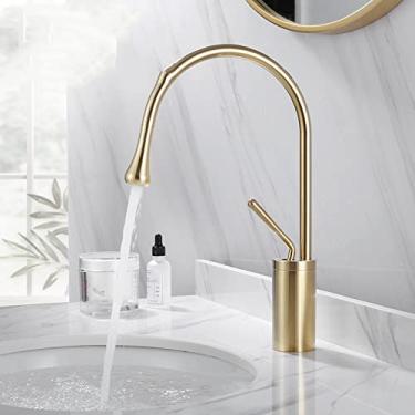 Imagem de Torneira de lavatório estilo gota escovado latão torneiras de banheiro quente frio misturador torneira 360 torneiras giratórias em cascata arte guindaste, ouro escovado curto