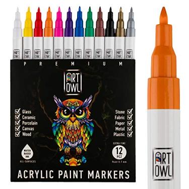 Imagem de Marcadores de tinta de acrílico da Art OWL – ponta fina de 0,7 mm – canetas de tinta à base de água para pintura de rocha, pedra, cerâmica, vidro, madeira, porcelana, tecido, canecas, tela, artesanato faça-você-mesmo – Conjunto de marcador de tinta de 12 cores