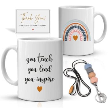 Imagem de Presentes de agradecimento ao professor para mulheres melhores professores - Caneca de café de fim de ano de Natal para professores de 325 ml Cordão de crachá Cartão de agradecimento FabSTUFF